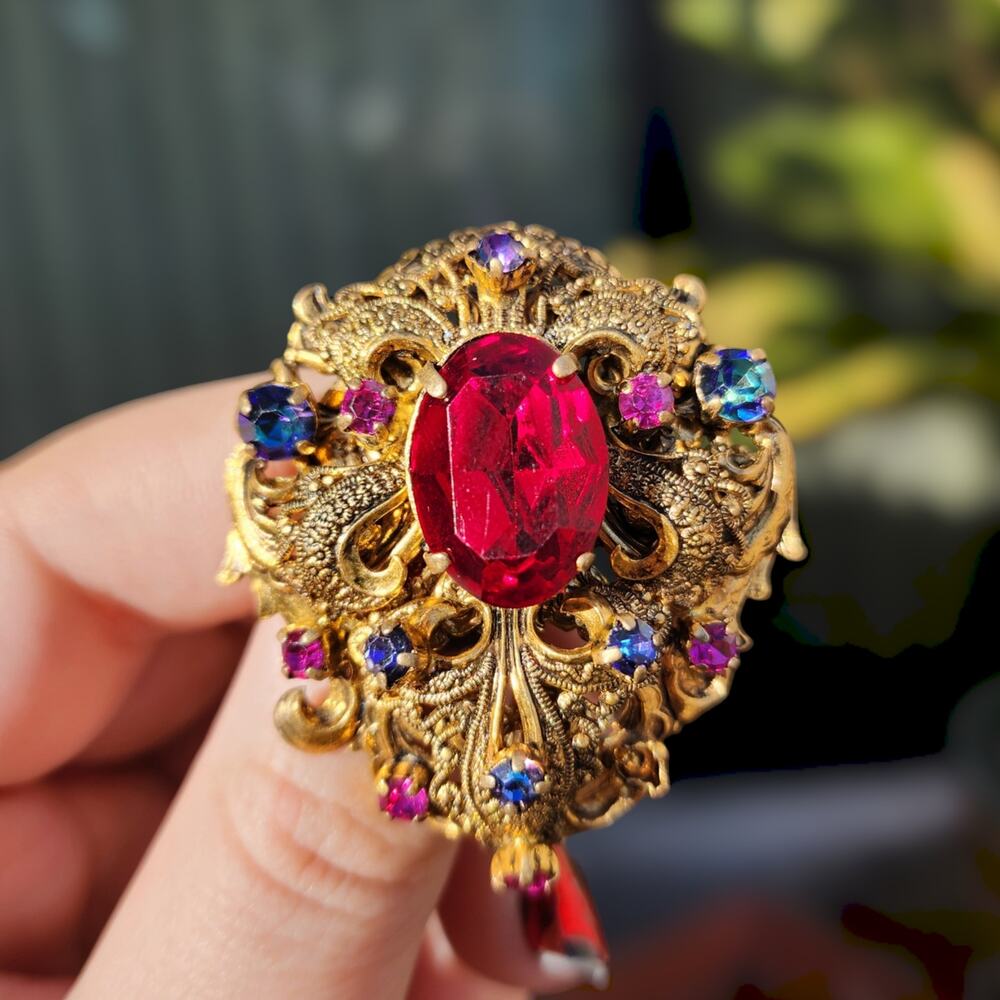 Vtg West Germany Brooch Gold Filigree Red Mystic Glass Stones Art Deco Victorian